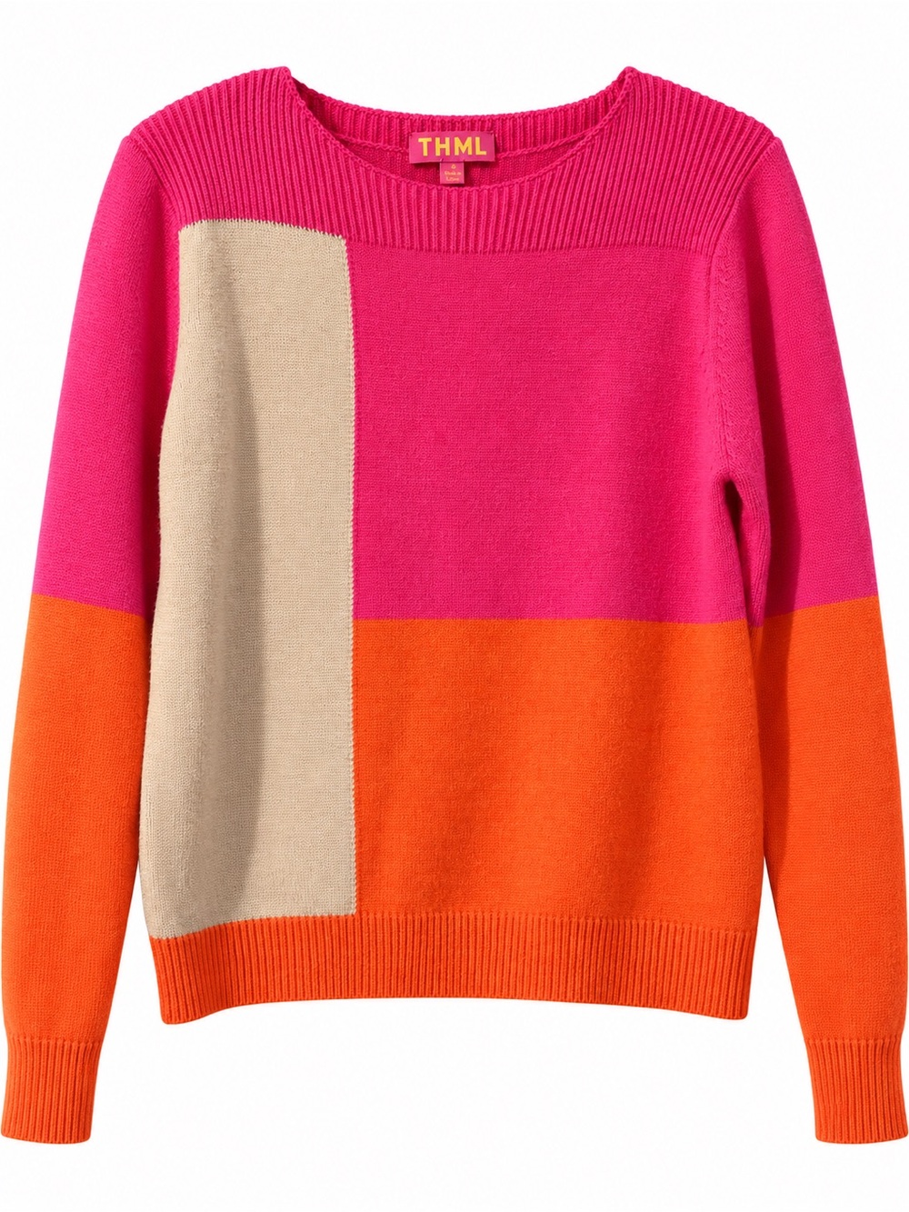 THML Colorblock Crewneck Sweater in Hot Pink, Orange & Cream Sz M